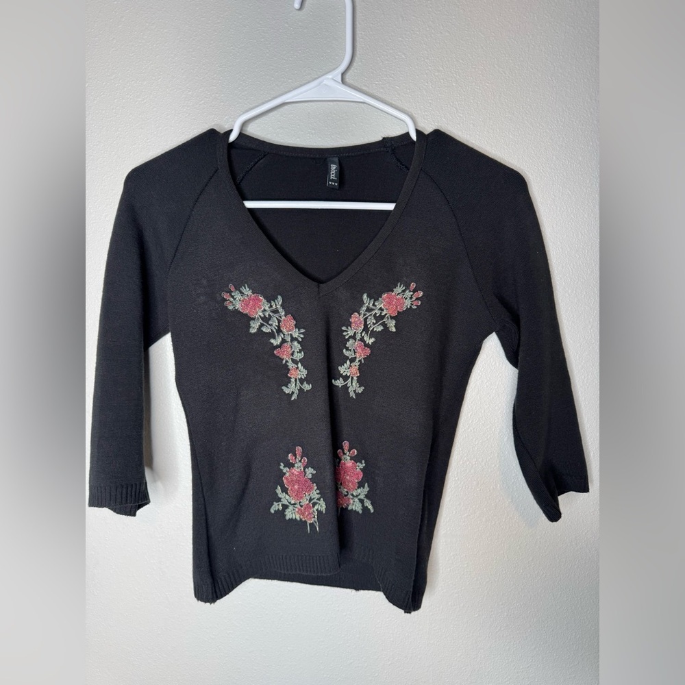 Trixxi Black Blouse with Floral Embroidery